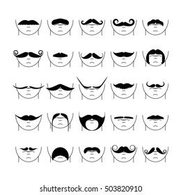 Big set of vector hipster mustache. Collection of cartoon barber silhouette hairstyle . Various types of whiskers