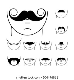 Big set of vector hipster mustache. Collection of cartoon barber silhouette hairstyle . Various types of whiskers