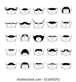 Big set of vector hipster mustache. Collection of cartoon barber silhouette hairstyle . Various types of whiskers