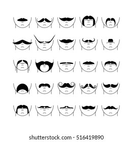 Big set of vector hipster mustache. Collection of cartoon barber silhouette hairstyle . Various types of whiskers