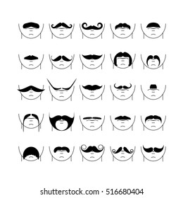 Big set of vector hipster mustache. Collection of cartoon barber silhouette hairstyle . Various types of whiskers