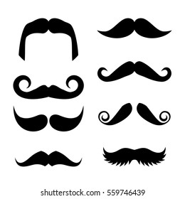 Big set of vector hipster mustache. Collection of cartoon barber silhouette hairstyle . Various types of whiskers