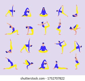 Big set of vector human silhouettes doing yoga exercises. Different yoga poses isolated on white background. Healthy lifestyle. Yoga complex. Fitness workout. 