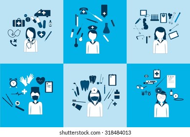 Big set of vector icons, avatars of different doctors, physician, ophthalmology, surgeon, pediatrician, gynecologist, nurse, dentist, administrator. Medical icons. Doctor icons vector set.