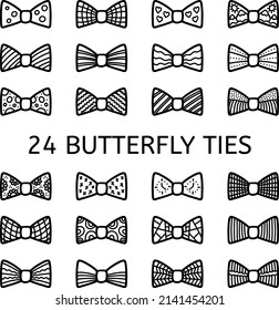 Gran conjunto de iconos vectoriales de la mariposa se atan sobre un fondo blanco. Elegante arco masculino. Páginas de colores para adultos.