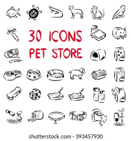 Big set of vector icons drawn by lines. Set includes pictures for main sections of pet store: animals, food, collar, pet carrier, cage and houses, scratching post and others. 
