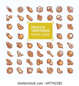 Big set of vector icons of fruits and vegetables in the style of a thin line and orange color, editable stroke. 32x 32 perfect pixel