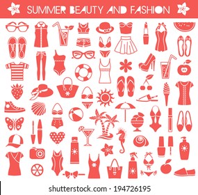 Big set of vector icons for summer fashion, beauty and relaxation