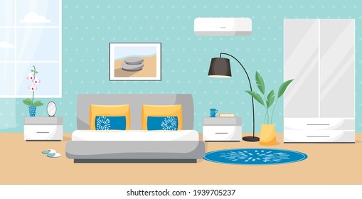 Big set vector illustration of a bedroom. The interior is painted in flat style. Cozy room with a bed, bedside tables, wardrobe, flowers, paintings on the wall, air conditioning