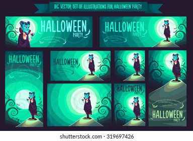 Big set with vector illustration for Halloween party with vampire Dracula