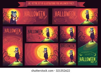 Big set with vector illustration for Halloween party with vampire Dracula