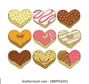 Big Set of Vector illustration of Heart Shaped Donuts collection with colorful and attractive toppings,  chocolate, sweet and delicious food