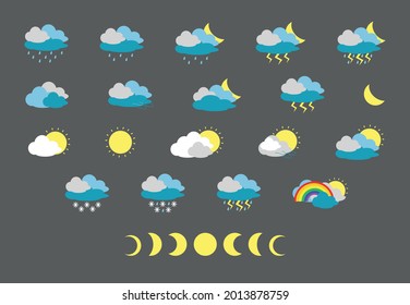Big set of vector illustration icons depicting different weather phenomena. Use for design sites, interfaces, banners. Phases of the moon. Flat illustration, gray background