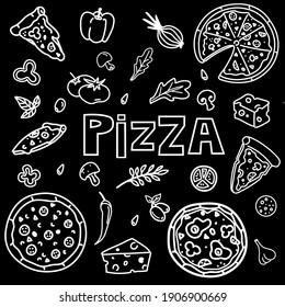 gran conjunto de ilustraciones vectoriales con pizza. ajo, hojas de ensalada de queso,   lavabo, tomate, pizza cortada. Alimentos dibujados a mano. Icono, símbolo, logotipo. ingrediente para cocinar.