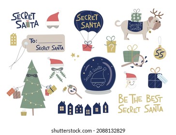 Big Set of vector illustration Secret Santa. Elements for invite to event, corporate, party, gift tag, message. Lettering for card, banner, web