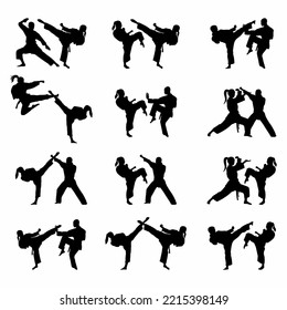 Gran conjunto de ilustraciones vectoriales de karate de silueta en la lucha aislado en fondo blanco