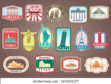 big set vector illustration of travelling stickers with world's famous landmarks and tourist destinations elements. modern flat design. travel concept vector illustration