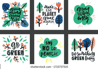 Big set of vector illustrations about environmental protection. Posters, banners, prints on T-shirts against pollution, reducing the use of plastic. Postcards to World Earth Day with hand lettering