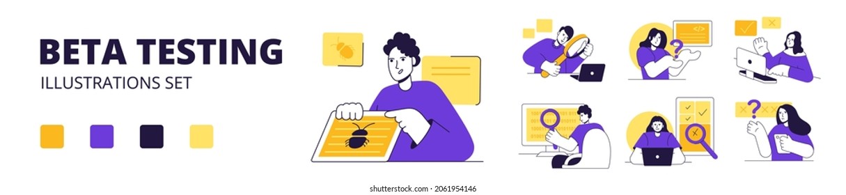 Big set of vector illustrations of beta testing.