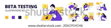 Big set of vector illustrations of beta testing.