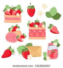 Big set of vector illustrations of desserts with strawberries on a white background. Strawberry desserts in flat style. Cakes, sweets with ripe strawberries.