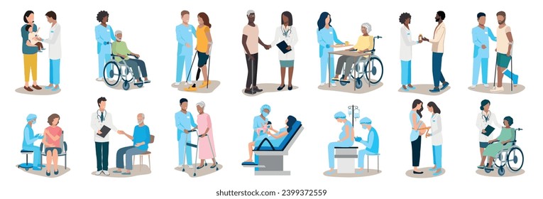 Big set of vector illustrations of doctor and patient. Doctors and nurses of different specialties care for and help patients of different ages and nationalities. Thanks to the doctors and nurses.