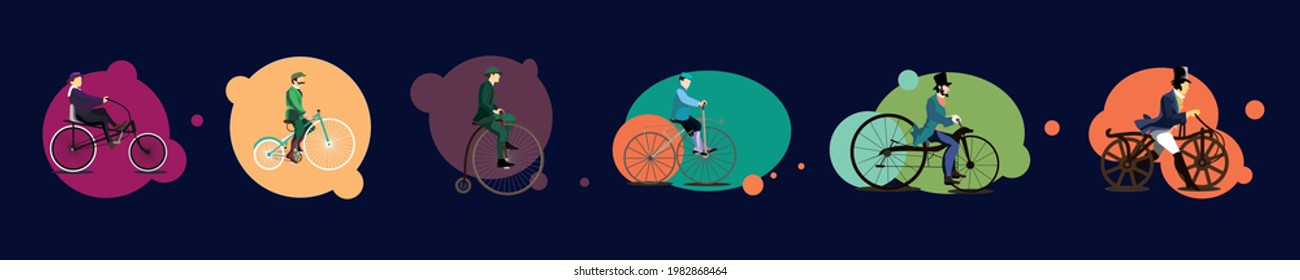 Big set of vector illustrations of historic bike types