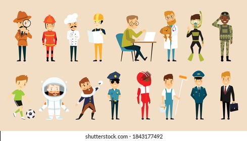 Big set of vector illustrations "male professions". Stickers. Cartoon characters. Cartoon mans.
