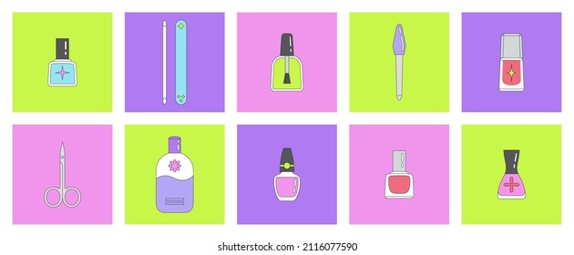 Big set of vector illustrations with manicure and pedicure supplies. Self care and cosmetics. Can be used in magazine, banner, social media publication, highlights, typographic, web design. Icons set