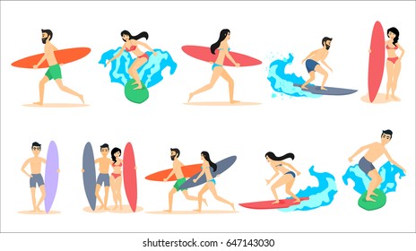 Big set of vector illustrations of surfers. Man and woman with surfboards isolated on white background