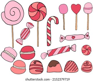 big set of vector illustrations of sweets in pink color