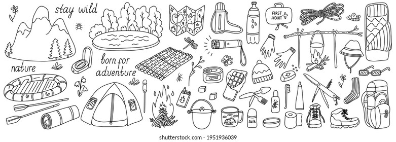 Big set of vector illustrations of tourism and camping equipment in doodle style on white background. Isolated black outline. Hand drawn elements or icons for summer camp, coloring books, posters. 