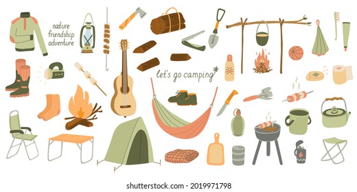 Big set of vector illustrations of tourism and camping equipment. Hand drawn flat style. Local travel  icon collection. Summer nature rest and adventure.