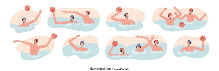 Big set with vector illustrations of water polo players in action. Young swimmers. Game process, victory moments in swimming pool. Water polo, swimming and water sports concept. Vector illustration.