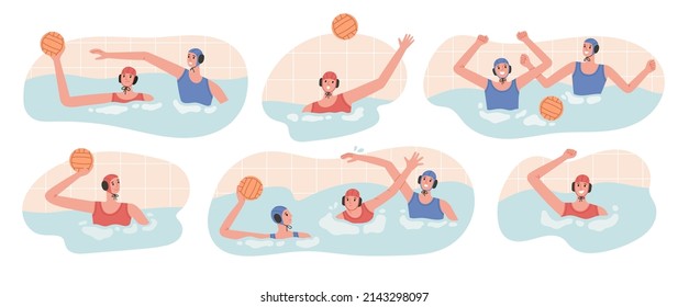 Big set with vector illustrations of water polo players in action. Young swimmers. Game process, victory moments in swimming pool. Water polo, swimming and water sports concept. Vector illustration.