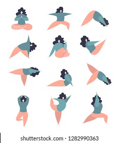 Big set of vector illustrations of women in various yoga poses. Modern flat character in sitting, standing, lying positions. Cute oversized girls in pastel blue and pink colors isolated on white. 