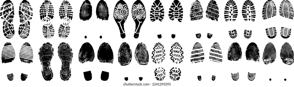 Big set of vector images double men and women footprints stamped with black ink, grunge footsteps