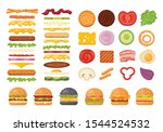 Big set of vector ingredients for burger and sandwich top view and front. Elements for different burgers isolated on white backgroud. Fastfood hamburger maker with flying ingredients.