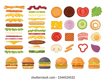 Big set of vector ingredients for burger and sandwich top view and front. Elements for different burgers isolated on white backgroud. Fastfood hamburger maker with flying ingredients.