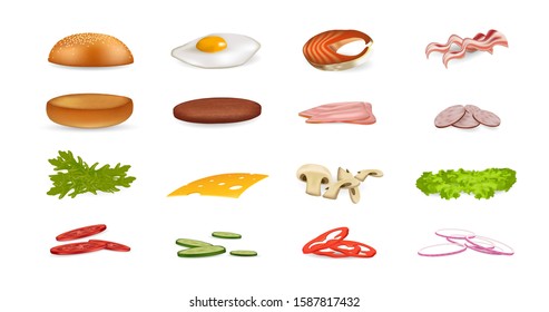 Big set of vector ingredients for burger and sandwich. Sliced veggies, bun, cutlet, cheese, mushrooms, peppers, bacon, lettuce leaf, fish. Vector illustration 