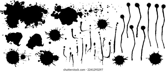 Big set vector ink black blobs, liquid flows, stains. Paint drops of ink. Ink splashes. Paint splatter. Black spots. Stencil molten drops