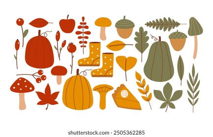 Big Set of Vector Isolated Autumn Harvest and Nature Elements for Fall Decoration and Design.