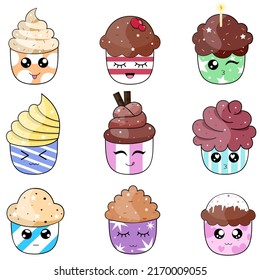 Big set  Vector isolated illustration  cute cupcakes  kawaii  cartoon characters for stickers  emoticons  icons  games  Set for games   applications 
Coolection cupcakes 
