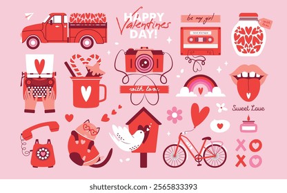 Big set of vector isolated illustrations to Saint Valentine's Day. Pink clip arts with bicycle, heart shaped balloon, camera, typewriter, jar with hearts, telephone, lips, mixtape, cat, pickup truck.