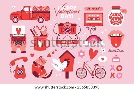 Big set of vector isolated illustrations to Saint Valentine's Day. Pink clip arts with bicycle, heart shaped balloon, camera, typewriter, jar with hearts, telephone, lips, mixtape, cat, pickup truck.