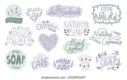 Big Set of vector isolated stickers or labels for packing natural cosmetics and soaps with lettering. Natural floral patterns and frames with leaves in flat style.