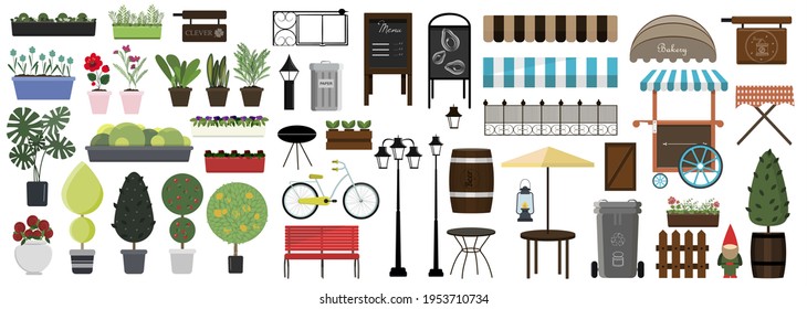 Big set of vector items for street, Park or garden design. Flat illustration of different types of flowers, trees and plants for indoor and outdoor landscaping of the house. Isolated street objects on