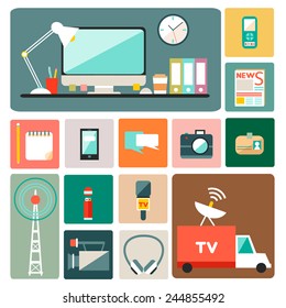 Big set of vector journalism icons. Modern flat design style. Isolated symbols of media including recorder, newspaper, camera, accreditation, pencil, mobile, microphone and notebook. 