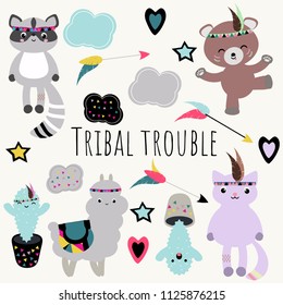 Big set of vector kawaii animals in tribal aztec style for your projects! Perfect idea for scrapbooking, bullet journal stickers, patches, etc.
