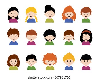 Big set of vector kids avatars,cute cartoon boys and girls faces with various emotions